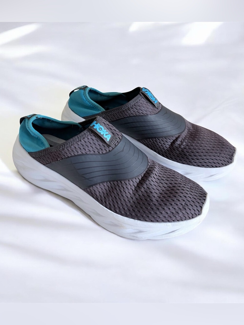 Hoka Gray Slip-On Mesh Sneakers with Teal Accents